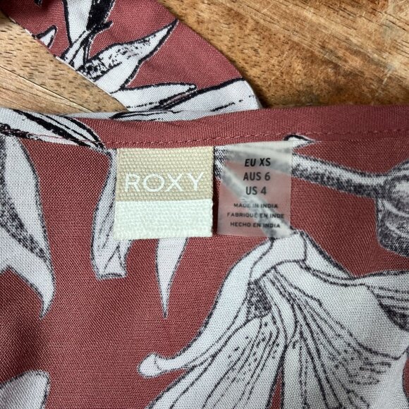 Roxy Floral Wrap Dress Cap Sleeves Womens 4 Waist Tie Mauve Indie Low Neckline - Picture 11 of 15